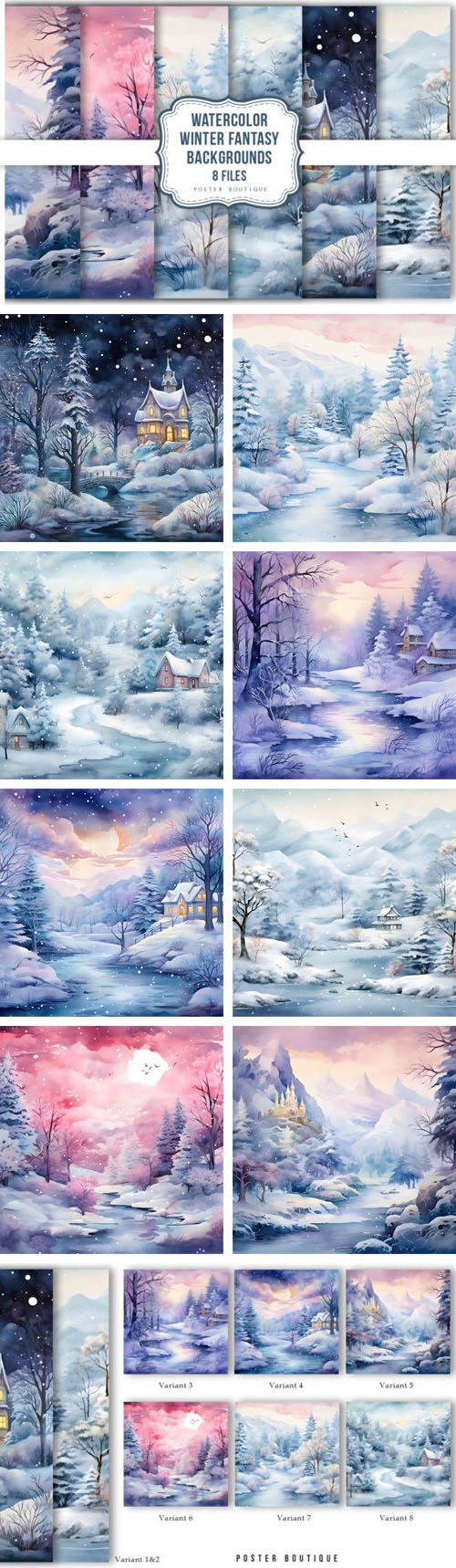 8 Watercolor Winter Fantasy Backgrounds Pack