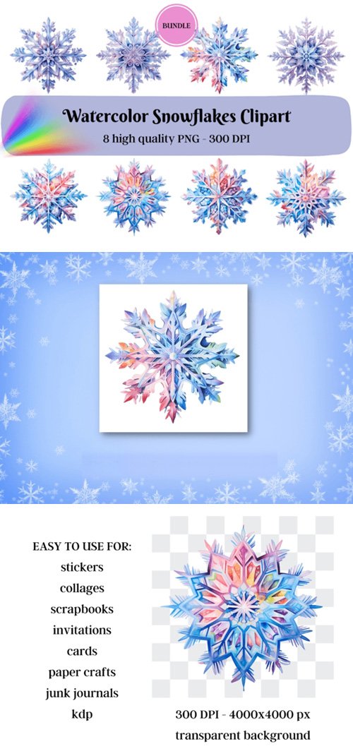 8 Watercolor Snowflakes Cliparts