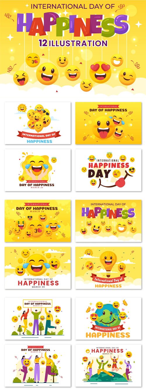 International Day of Happiness - 12 Illustrations Pack