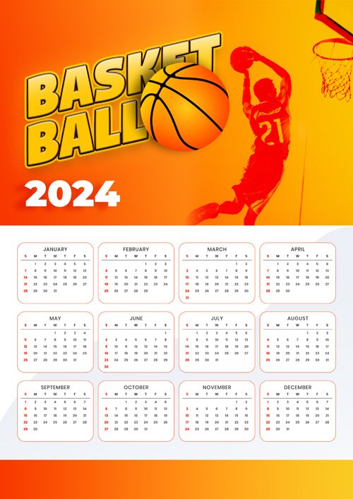 2024 Basketball Sport Wall Calendar PSD Template