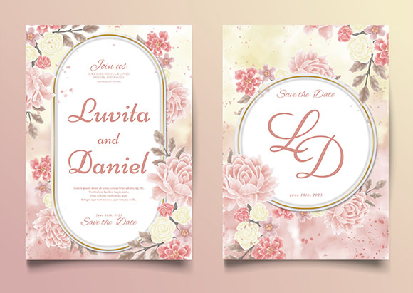 Watercolor wedding invitation template with pink roses and spring flowers