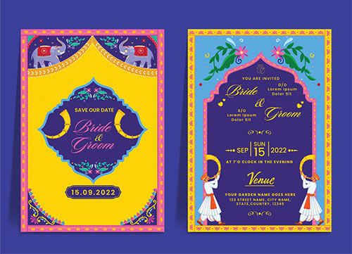 Indian Wedding Card or Invitation Card Template for Hindu Customs Wedding with Character Illustrations