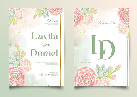 Watercolor wedding invitation template with delicate flowers