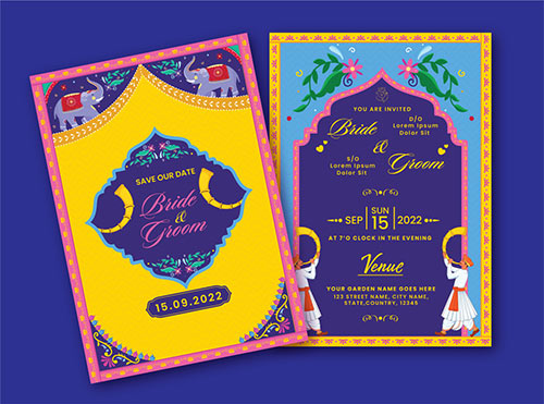 Indian Wedding Card or Invitation Card Template for Hindu Customs Wedding with Character Illustrations