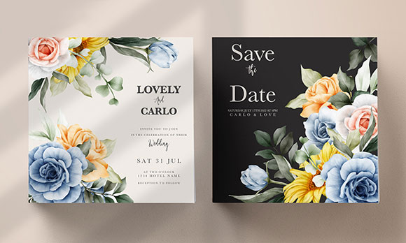 Vintage wedding invitation card with beautiful flowers