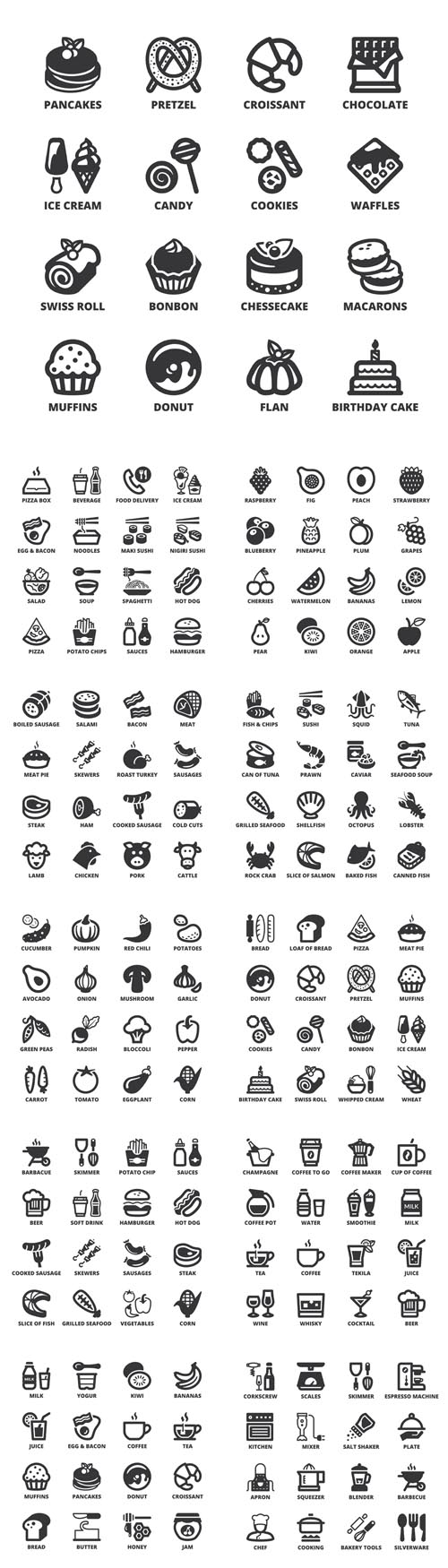 Vector Food Flat Icons. Black