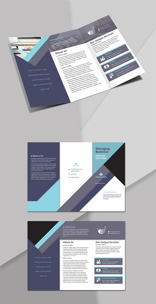 Trifold Brochure Layout with Light and Dark Blue Accents 244082935