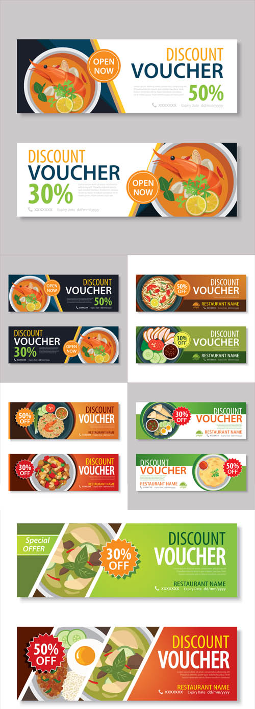 Vectors - Discount Voucher Template with Thai Food Flat Design