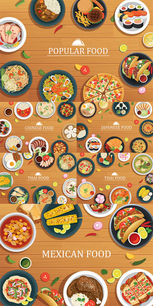 Vectors - Popular Food on a Wooden Background