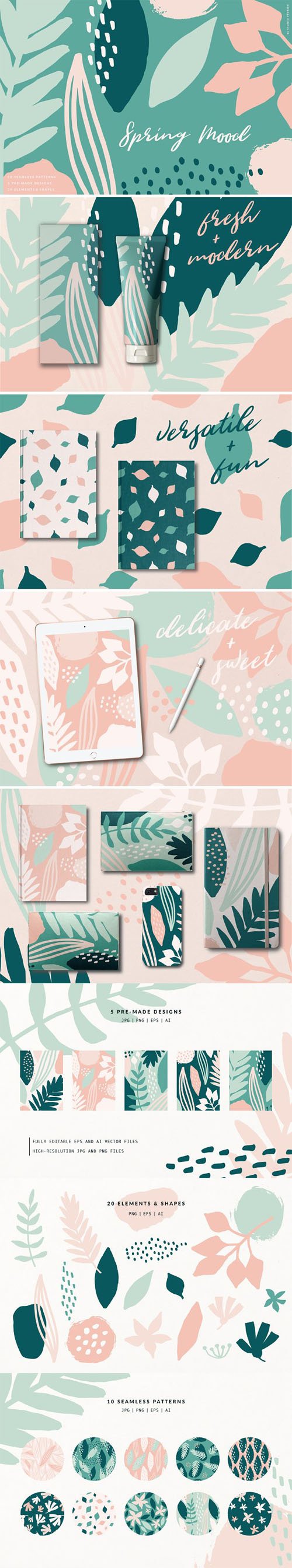 Spring Mood - Vector Patterns + Elements Collection