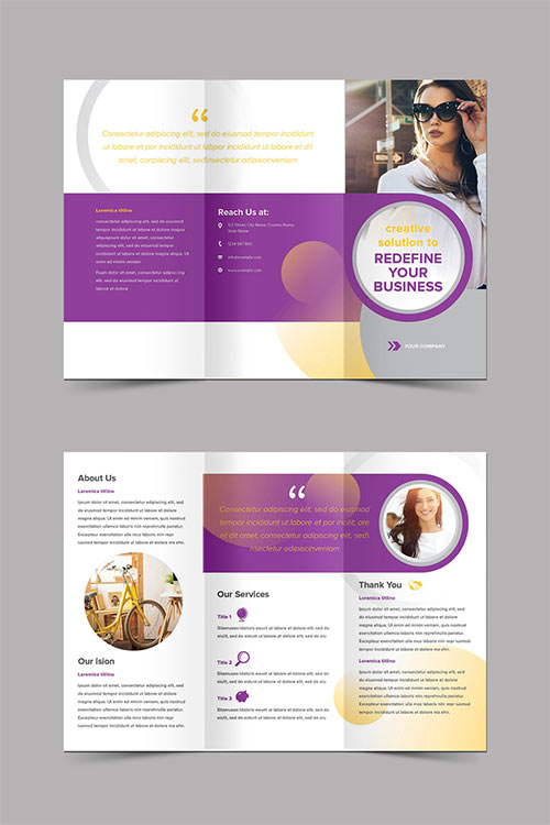 Trifold Brochure with Circle Shapes and in Yellow and Purple Accents 522597366