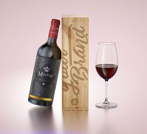 Wooden Box and Red Wine Bottle Mockup BZUZGAW