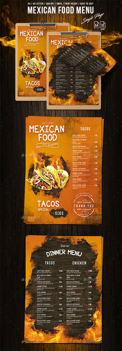 Mexican A4 - US Letter Single Page Food Menu 20756103