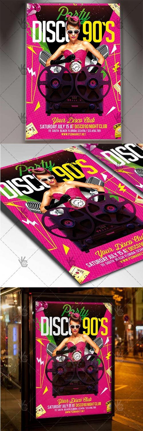 Disco 90s Night Club Flyer - PSD Template