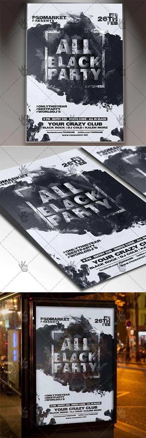All Black Party Club Flyer - PSD Template