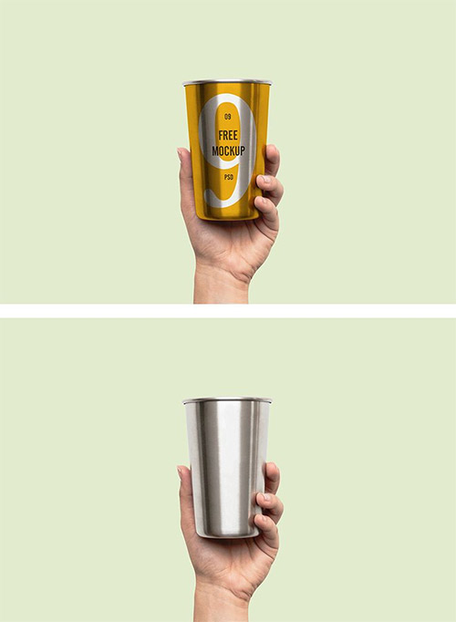 Hand Holding Metal Cup PSD Mockup