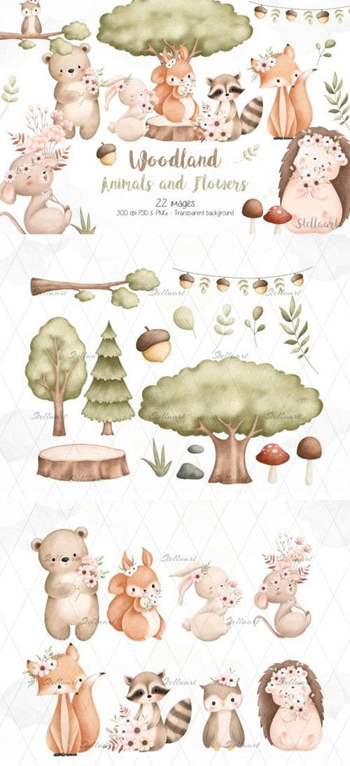 Watercolor Wooden Animals and Flowers 4963HQS