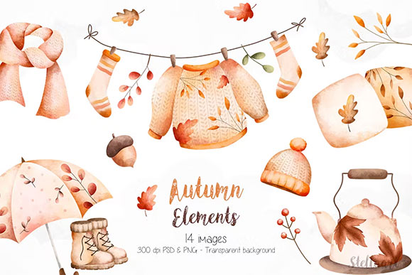 Watercolor Autumn Elements Clipart 3D3X8E6