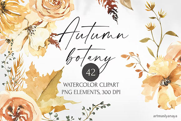 Watercolor Autumn Flower Botanics Clipart LXDRN2V