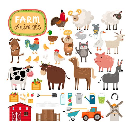 Set of Farm Animals and Agricultural Accessories