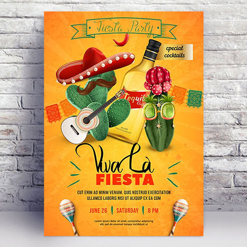 Fiesta Party Poster Template with Mexican Sombrero