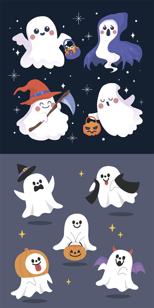 Hand-drawn flat halloween ghosts collection