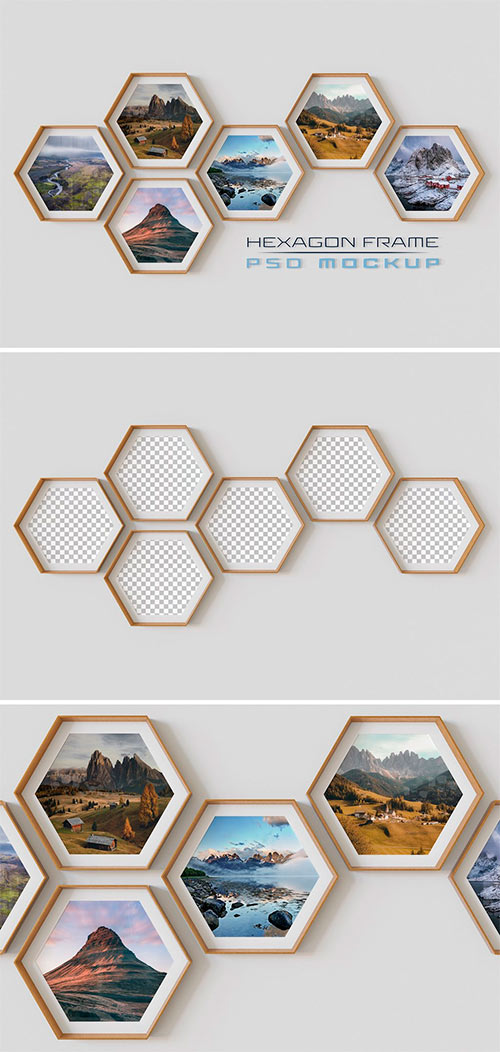 Hexagon Photo Frames Mockup Hanging on Wall 461350600