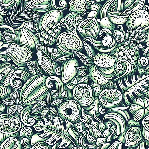 Exotic Fruits Doodle Graphics Seamless Pattern K7TTPD2