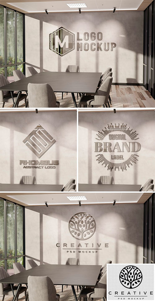 Logo Mockup on Office Wall with 3D Glossy Metal Effect 442599736