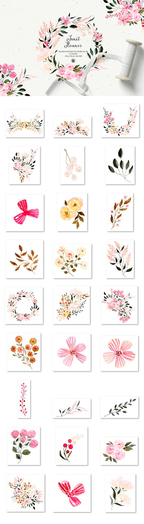 Sweet Flowers - Watercolor Clipart Set XCPYAB2