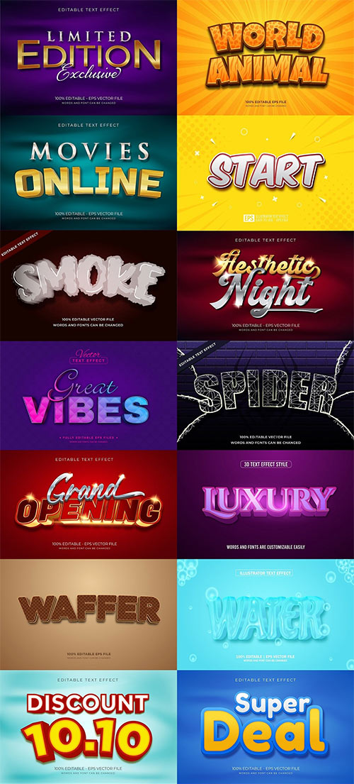 Set 3d editable text style effect vector vol 53