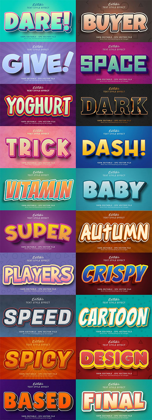 Set 3d editable text style effect vector vol 64