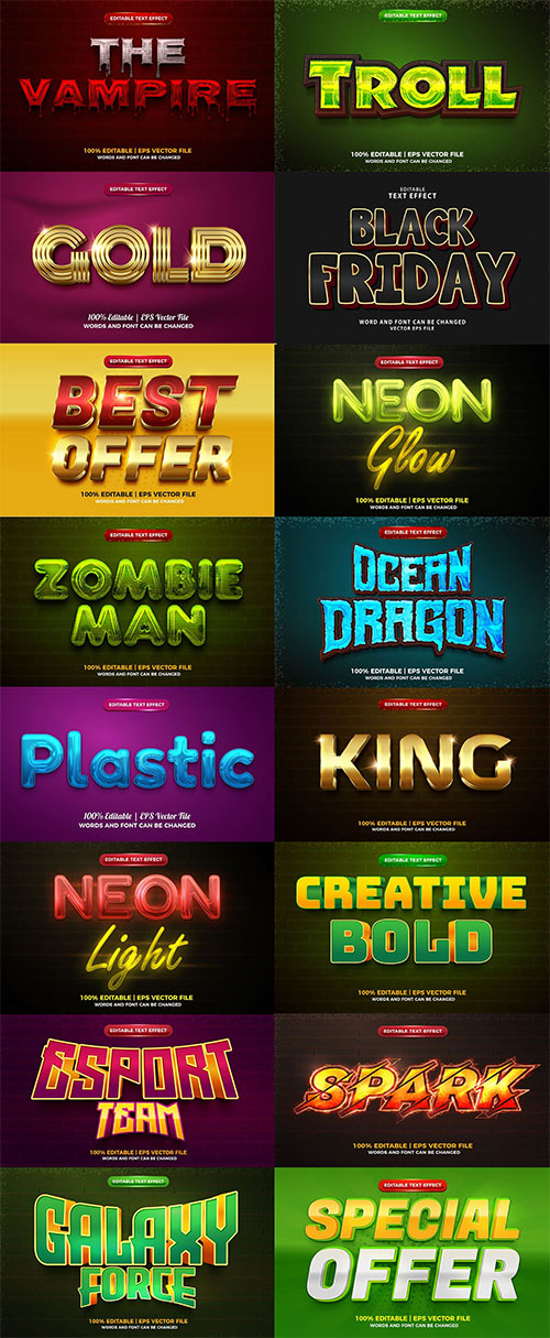 Set 3d editable text style effect vector vol 80