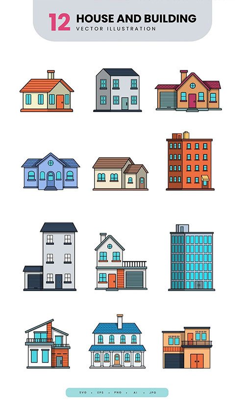 House And Building Illustration Set Collection QFPZLAJ