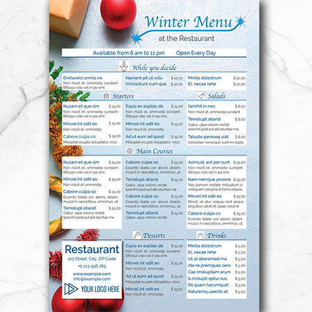 Restaurant Menu Layout with Blue Accents