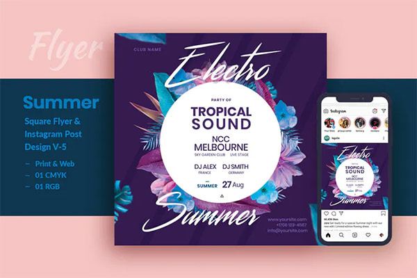 Electro Summer Party PSD Flyer and Instagram Post V-5