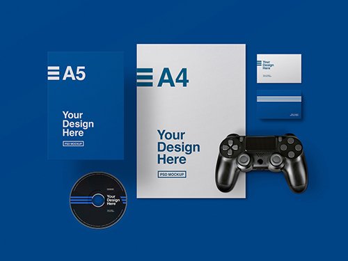 Stationery Set Mockup with CD and Game Controller