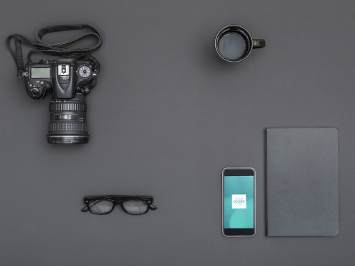 Smartphone with Camera and Assorted Objects Mockup