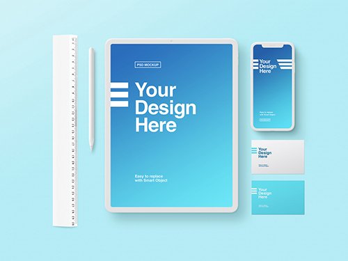White Tablet, Phone, and Business Card Mockup on Blue Background