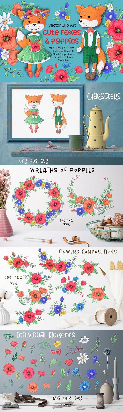 Cute Foxes and Poppies - Vector Clip Art