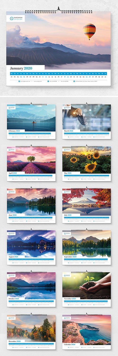 Landscape Calendar Layout with Blue and Red Accents