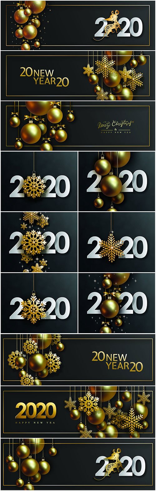 2020 Christmas and New Year design with hanging realistic golden balls