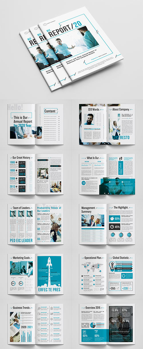 Annual Report Layout with Blue Accents
