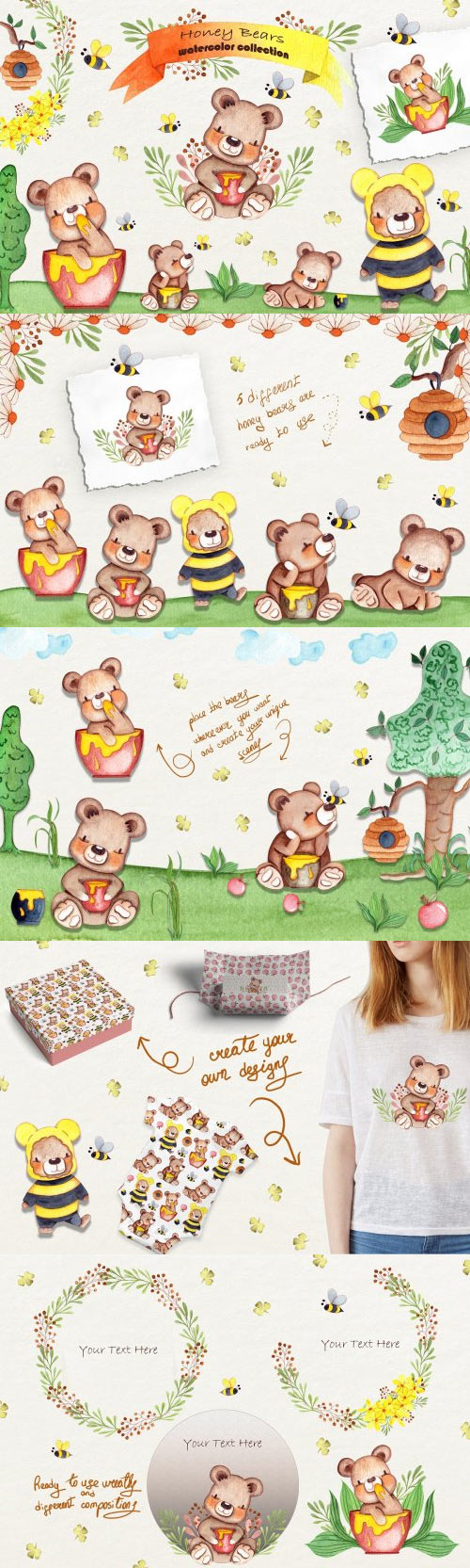 Honey Bears Watercolor Collection