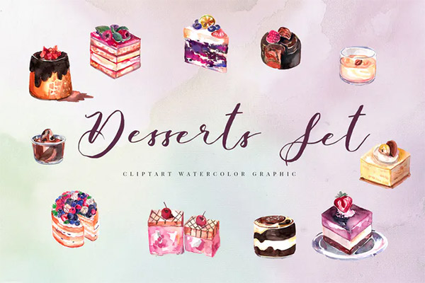 12 Watercolor Desserts Illustration Set