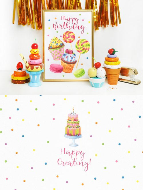 Happy Birthday hand painted watercolor collection