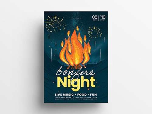 Event Flyer Layout with Bonfire Illustrations