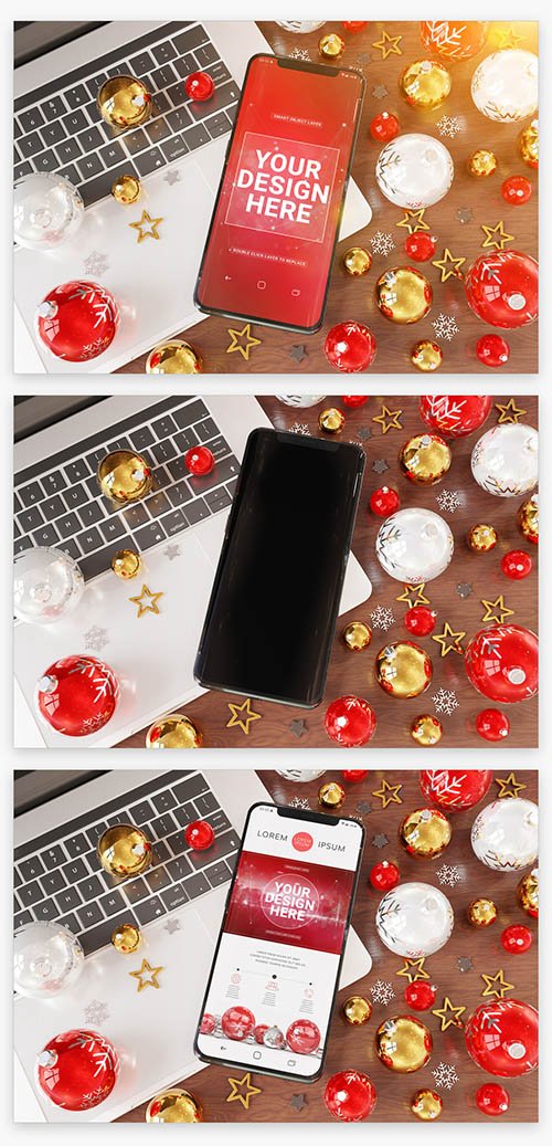 Mobile Phone Laying on a Laptop near Christmas Ornaments Mockup