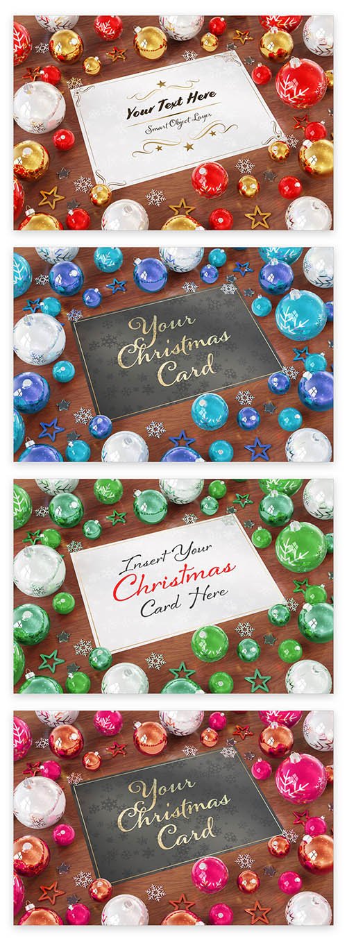 Christmas Card with Ornaments on Wooden Table Mockup