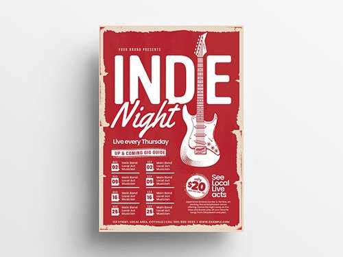 Red Event Flyer Layout with Grunge Texture and Guitar Illustration